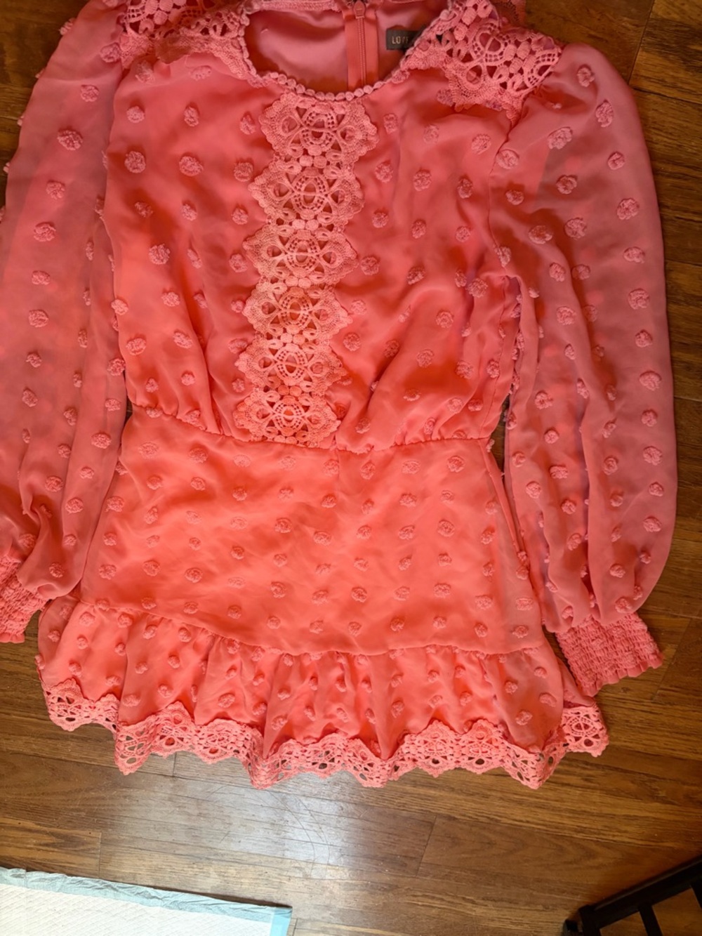 Coral Lace Trim Sheer Long Sleeve Romper